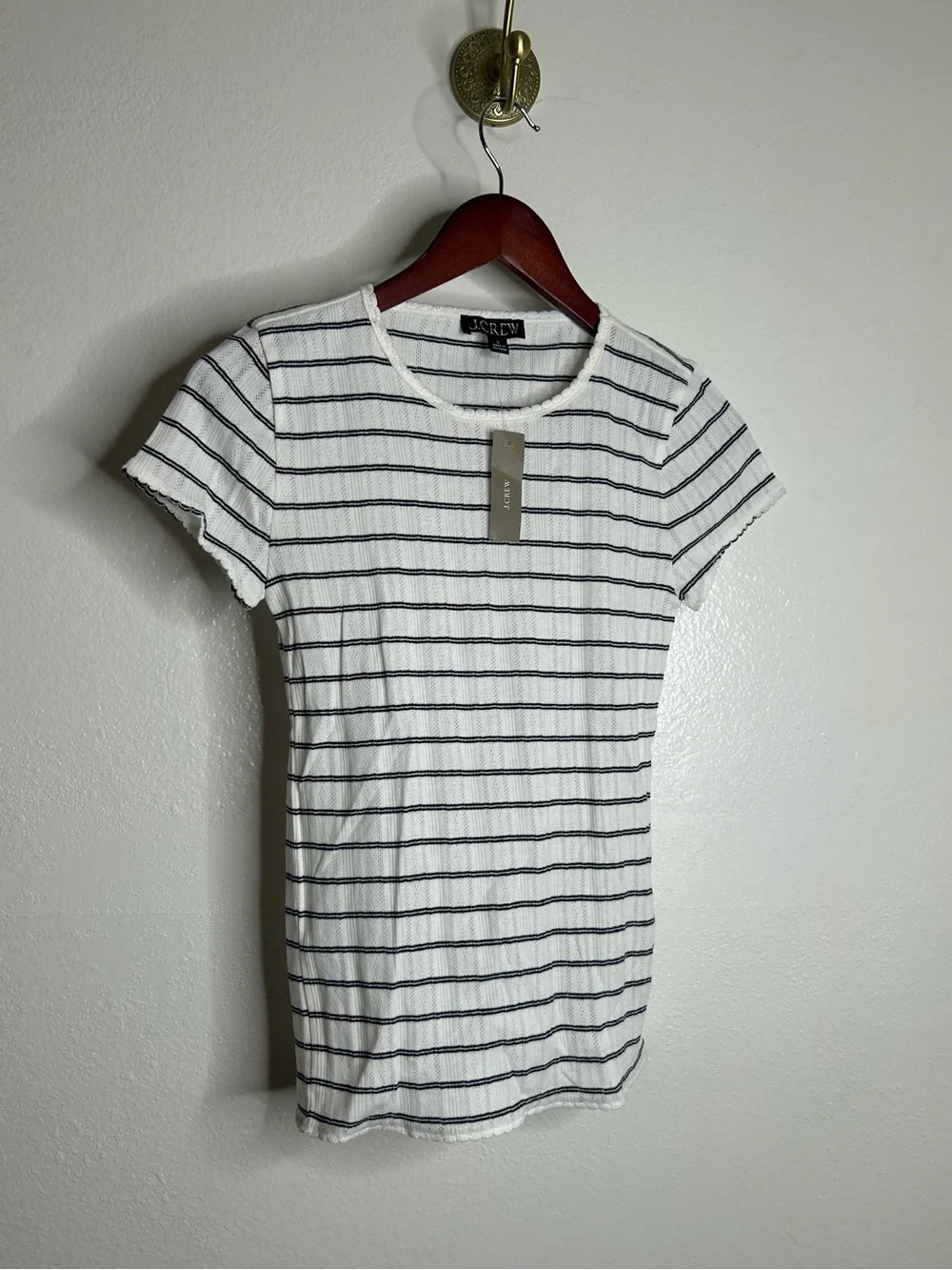 NWT J. Crew 100% Cotton Pointelle Knit White Black Striped Crew Neck T - Shirt